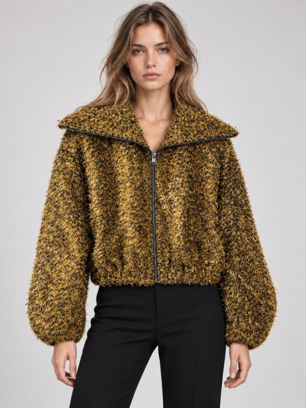 Zara Gold Metallic Thread Shaggy Fuzzy Knit Bomber Jacket NWT Size L